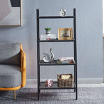 4-tier ladder shelf showcasing decorative items and plants in a modern living room setting.