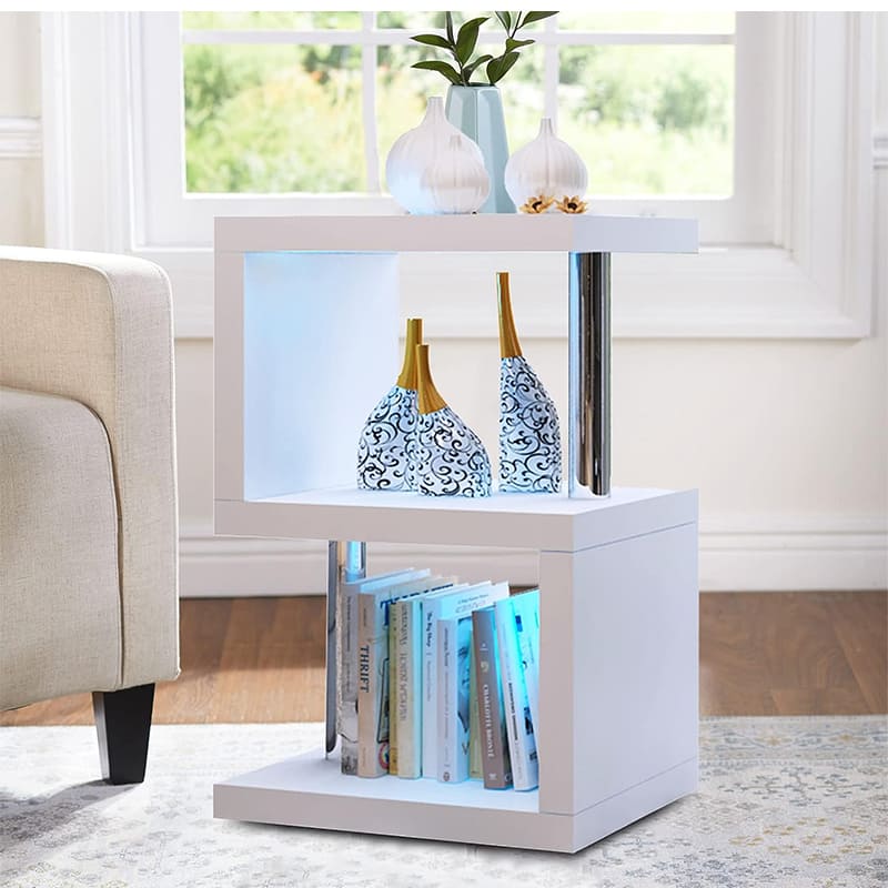 Modern LED-Lit Side Table & Bookshelf - Compact End Table for Living Room 	 SHI8-ST26