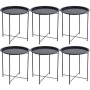 Steel side table set featuring six modern black tables with detachable trays and sturdy frames.