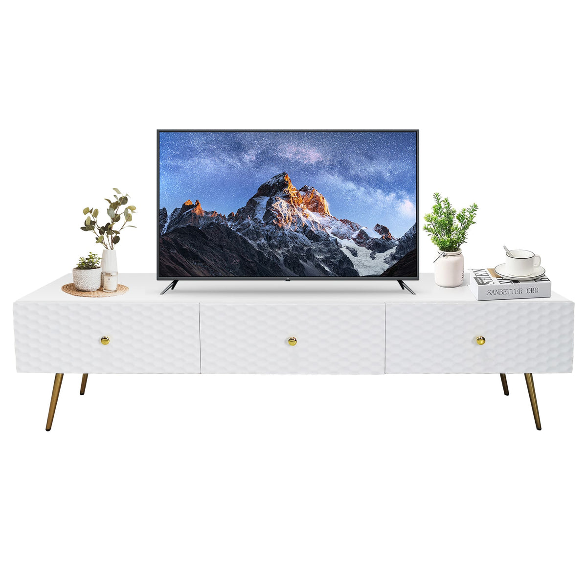 Ivory High Gloss TV Stand with Gold Accents, Elegant Media Console for Entertainment TV-1818