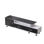 Adjustable TV stand TV-218 in black and white with two drawers and a door, perfect for modern entertainment spaces.