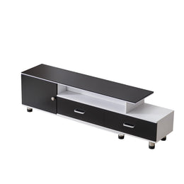 Adjustable TV stand TV-218 in black and white with two drawers and a door, perfect for modern entertainment spaces.