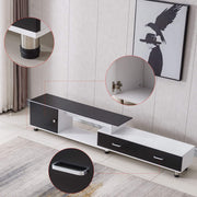 Adjustable TV stand TV-218 in black and white with drawers and storage, showcasing modern design and sleek features.