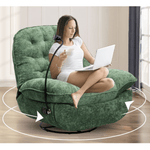 A woman enjoying coffee while using a laptop on a swivel rocker glider couch with phone holder.