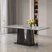 Rectangular marble dining table Q-03 with stylish black U style legs and elegant floral centerpiece.