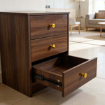 Modern 3-Drawer Nightstand with gold handles showcasing open drawer, perfect for contemporary decor.