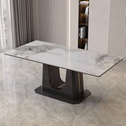 rectangular marble dining table Q-03 featuring a white marble tabletop and black U style leg design.