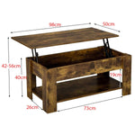 Wooden lift-top coffee table with dimensions labeled| Artisansa SA
