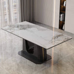 Rectangular marble dining table Q-03 with a stylish white marble tabletop and black U style legs.