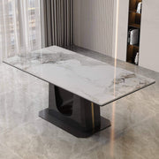 Rectangular marble dining table Q-03 with a stylish white marble tabletop and black U style legs.
