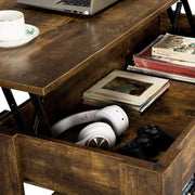 Wooden desk with a laptop, coffee cup, books, and electronic devices in a drawer.| Artisansa SA