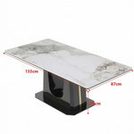 Rectangular marble dining table Q-03 with white marble top and black U-style leg, dimensions 155cm x 87cm x 79cm.