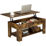Wooden coffee table with lift-top design, displaying a laptop and other items on a white background.| Artisansa SA