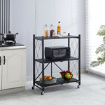 Mobile Kitchen Shelf with three tiers holding a microwave and organized jars of food in a modern kitchen setting.