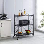 Mobile Kitchen Shelf with three tiers holding a microwave and organized jars of food in a modern kitchen setting.