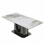 Rectangular marble dining table Q-03 with white slate top and black U style leg for elegant dining.