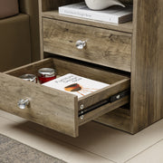 White Bedside Table with Drawers showing open drawer with decorative items and a book.