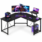 Black L shaped computer desk with monitor shelf for home office and gaming setup