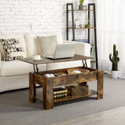 Wooden lift-top coffee table in a living room setting with a white couch and decorative items.| Artisansa SA