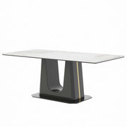 rectangular marble dining table Q-03 with a white marble tabletop and black U style legs, elegant and luxury design.