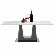 Rectangular marble dining table Q-03 with wine glasses and grapes on top, featuring a stylish black U-style leg.