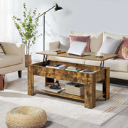 Wooden coffee table in a living room with a sofa and decorative items.| Artisansa SA
