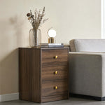 Modern 3-Drawer Nightstand with gold handles, stylishly set beside a couch, featuring decorative lamp and vase.