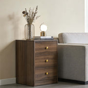 Modern 3-Drawer Nightstand with gold handles, stylishly set beside a couch, featuring decorative lamp and vase.