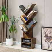 Freestanding Tree Bookshelf with Cabinet showcasing books in a modern, branch-like design, ideal for home decor.