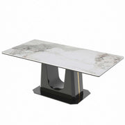 Rectangular marble dining table Q-03 featuring a stylish white marble top and black U-style legs.