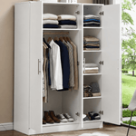 White wardrobe interior organised with hanging clothes, folded garments and shoes