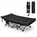 Black heavy-duty folding camping cot with mattress and steel frame