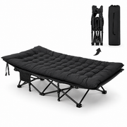 Black heavy-duty folding camping cot with mattress and steel frame