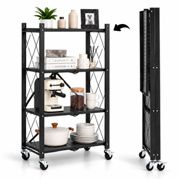 4-tier foldable metal storage trolley with wheels in black for home organisation