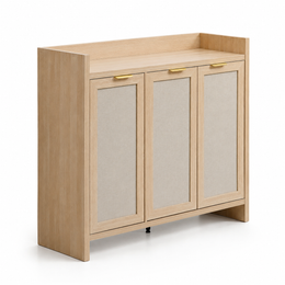 Boho 3-Door Shoe Cabinet with gold handles and light wood finish, ideal for home storage solutions.