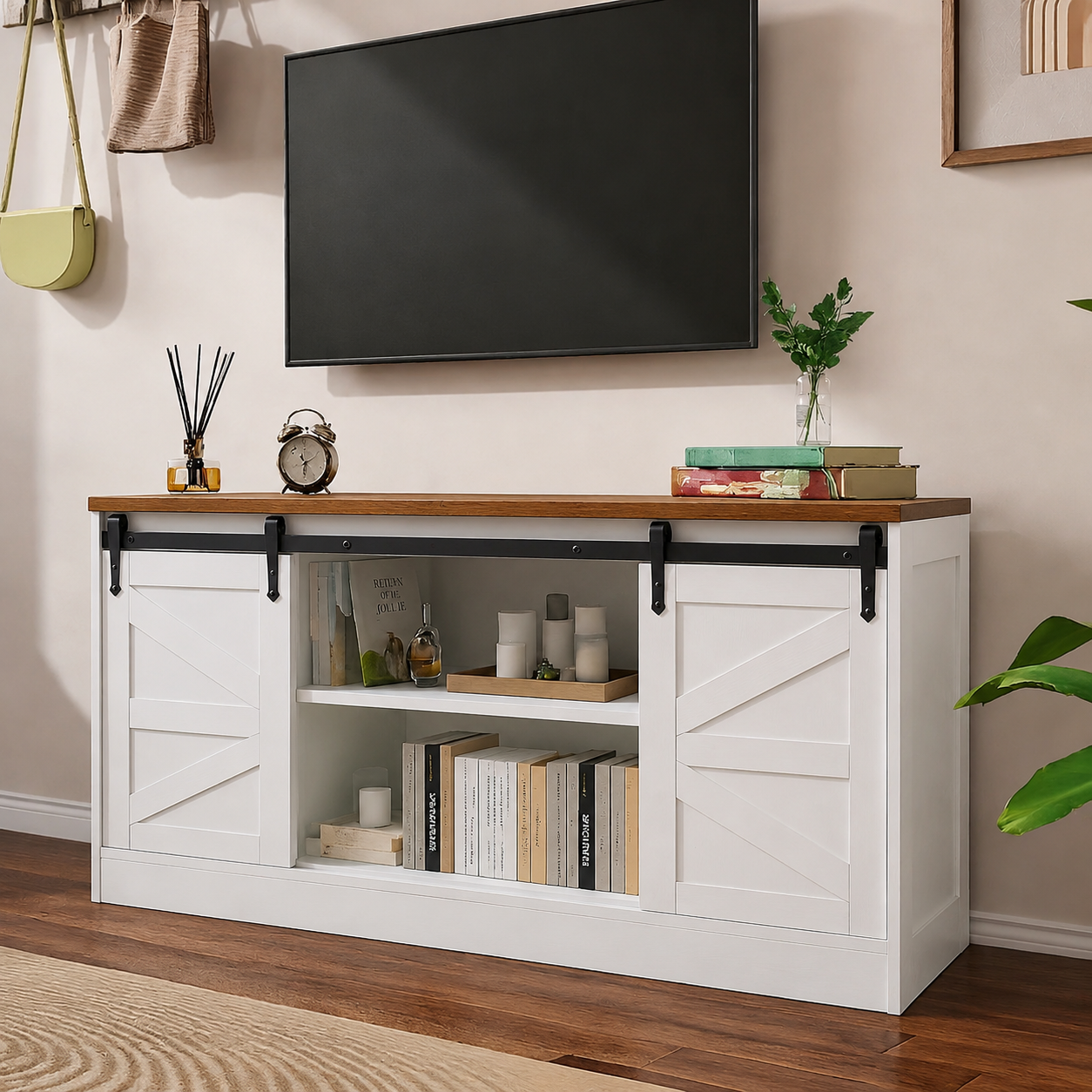 Farmhouse Sliding TV Stand with wooden top and sliding doors, perfect for stylish storage in modern living rooms.