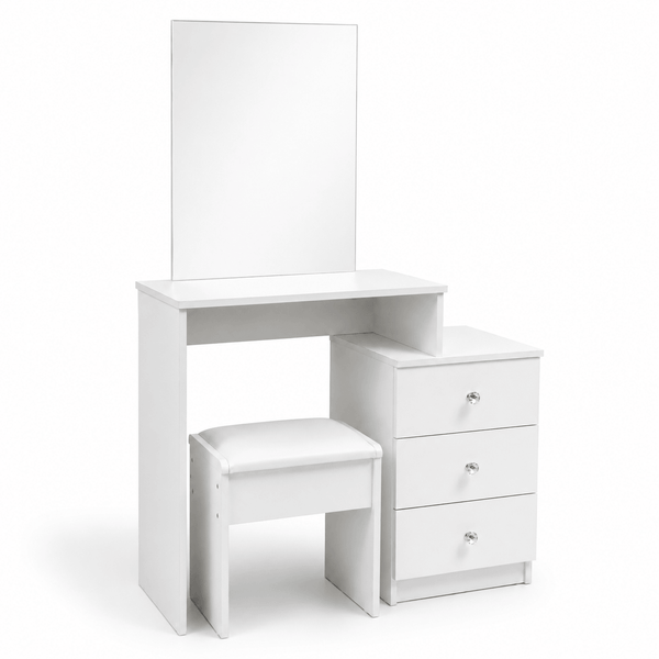 Dressing Table with Mirror and Stool DR-12 in white finish featuring three drawers and a matching stool.