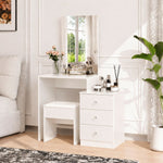 Front angle view of a White Dressing Table with Mirror showcasing tabletop decor and a matching stool