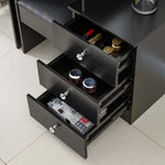 Black wooden cabinet with open drawers containing various items - dressing table with mirror DR-12 side view | Artisansa SA