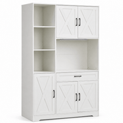 White Kitchen Storage Cabinet with multiple doors and shelves on a white background