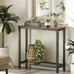 Console Table 2 Tier Rustic Entryway with wooden top and black metal frame, adorned with plants in a bright home setting.
