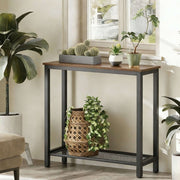 Console Table 2 Tier Rustic Entryway with wooden top and black metal frame, adorned with plants in a bright home setting.