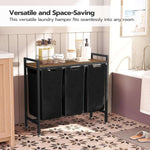 3-Compartment Laundry Sorter with Wood Shelf providing stylish organization for laundry in a modern bathroom setting.