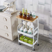 3-Tier Rolling Storage Cart with Wood Top showcasing bottles and jars on the top and shelves for easy organization.