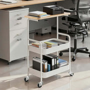 3-Tier Rolling Storage Cart with Wood Top in a modern office setting, holding files and supplies.