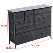 Fabric 8-Drawer Storage chest in black, measuring 100.6cm wide, 76.4cm tall, and 30.3cm deep.