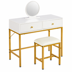 White dressing table with round mirror, two drawers and matching gold-frame stool