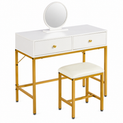 White dressing table with round mirror, two drawers and matching gold-frame stool