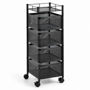 Foldable four tier storage cart design for flexible storage and space saving home organization.