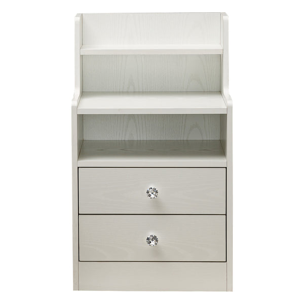 White Bedside Table with Drawers showcasing a minimalist design and two spacious drawers.